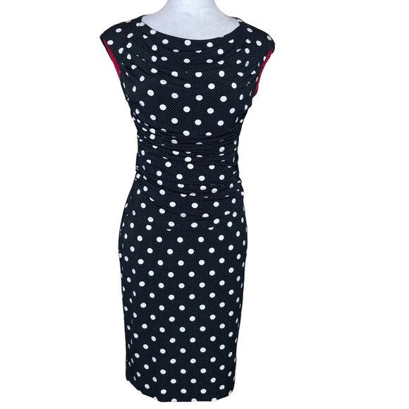 Dress Barn Dresses & Skirts - Dress Barn Vintage Black White Polka Dot Ruched Waist Cap Sleeve Midi Dress Sz 4